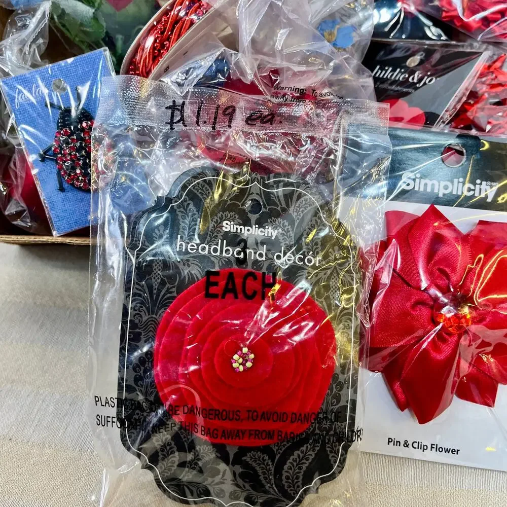 Red Craft Trim Destash Lot Artificial Floral Ribbons Beads Acrylic Embellishment
